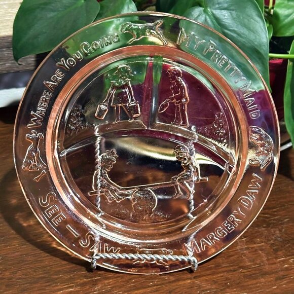 Childs Pink Depression Glass Plate 8.5 Inch Margery Daw Divided 1930S Jack Jill - Picture 1 of 8